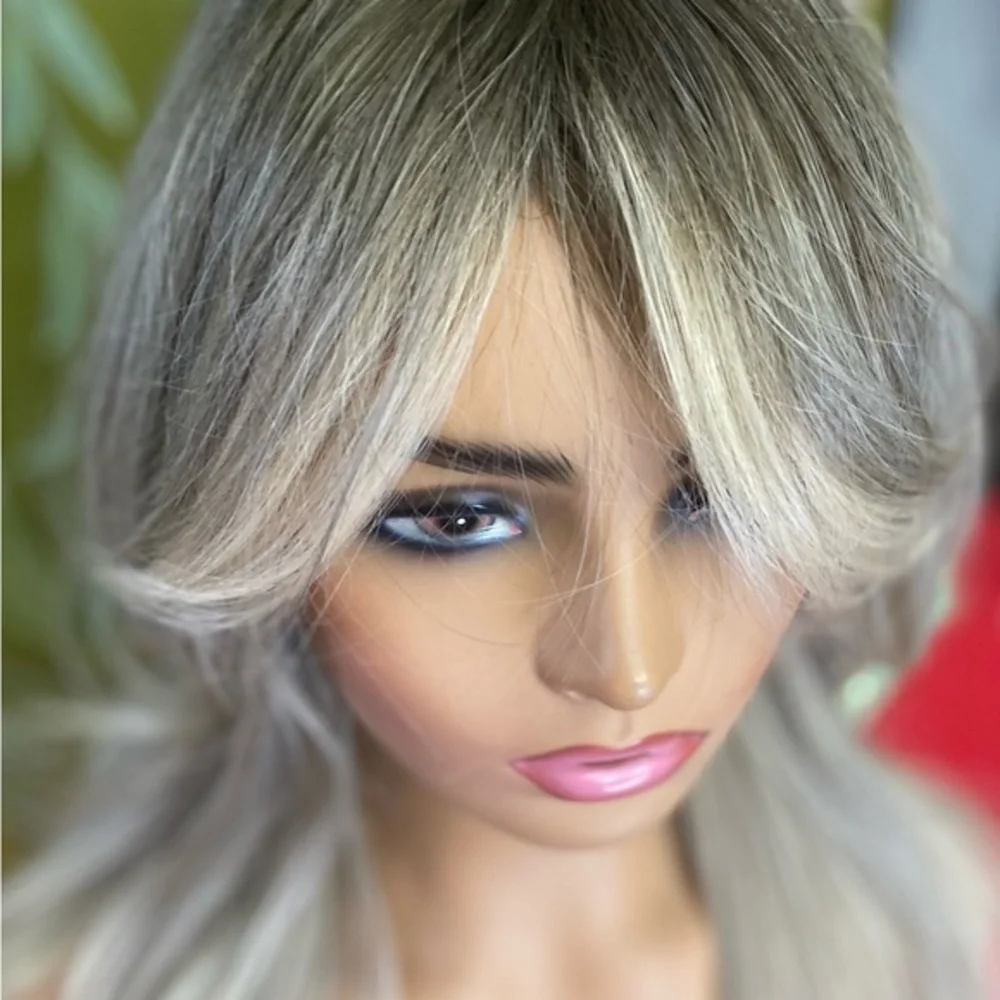 grey blonde long layered wig curtain bangs